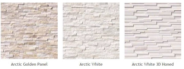 Natural Stone Veneer Panels of different types: Arctic Golden Panel, Arctic White, Arctic White 3D Honed.