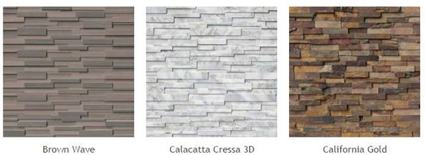 Natural Stone Veneer Panels of different types: Brown Wave, Calacatta Cressa 3D, California Gold.