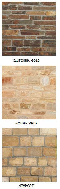 Pictures of different natural stone veneers including California Gold, Golden White and Newport. 