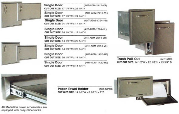 images of single doors, trash pull-outs, paper towel holder and the easy-slide tracks for the pull-outs.