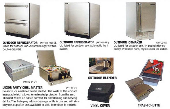 3 images of luxor outdoor refrigerators, 2 chill master accessories, 1 outdoor blender, 1 vinyl cover and 1 trash chutte.