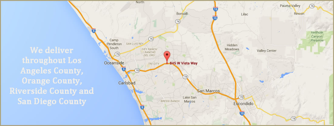 We deliver throughout Los Angeles County, Orange County, Riverside County and San Diego County