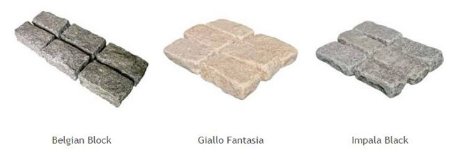 Cobblestone pavers, Belgian Block, Giallo Fantasia and Impala Black.