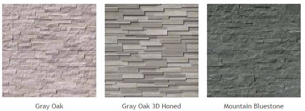 Natural Stone Veneer Panels of different types: Gray Oak, Gray Oak 3D Honed, Mountain Bluestone.