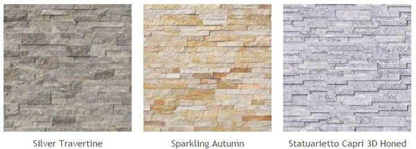 Natural Stone Veneer Panels of different types: Silver Travertine, Sparkling Autumn, Statuarietto Capri 3D Honed.