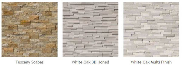 Natural Stone Veneer Panels of different types: Tuscany Scabas, White Oak 3D Honed, White Oak Multi Finish.