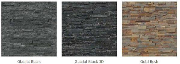Natural Stone Veneer Panels of different types: Glacial Black, Glacial Black 3D, Gold Rush.