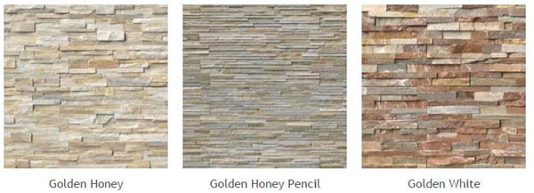 Natural Stone Veneer Panels of different types: Golden Honey, Golden Honey Pencil, Golden White.