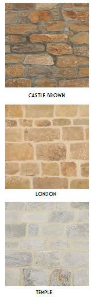 Pictures of different natural stone veneers including Castle Brown, London and Temple.